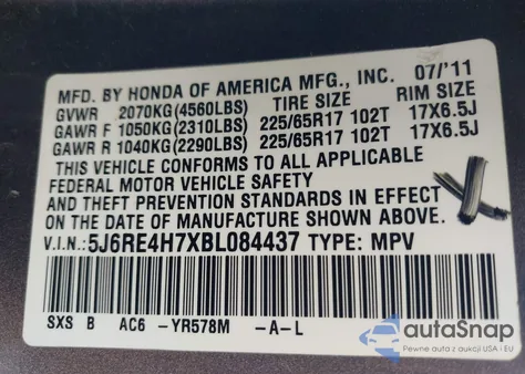 2011 Honda Cr-V Ex-L from USA, damaged, VIN 5J6RE4H7XBL084437